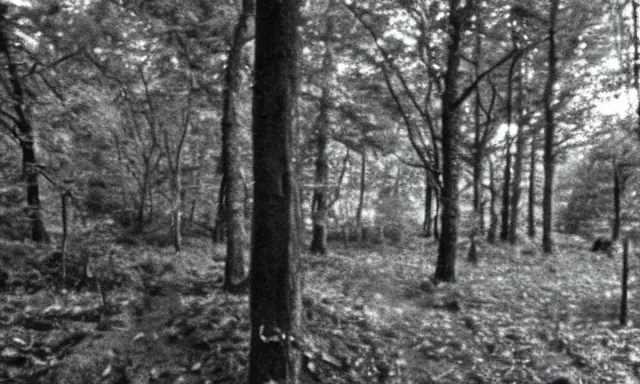 Prompt: hidden face looking at camera in forest at night, 70s photo, out of focus, motion blur, cctv footage, horror movie, horror lighting, blair witch project, old photo