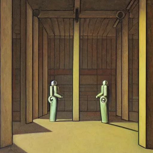 Image similar to three brutalist robot judges in a vaulted court, grant wood, pj crook, edward hopper, oil on canvas