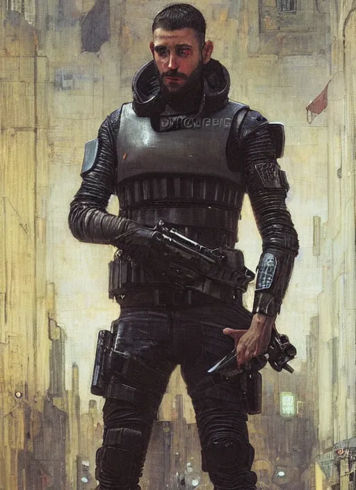 Image similar to Cyberpunk theif escaping Menacing Cyberpunk police trooper wearing a combat vest. Rainy streets (dystopian, police state, Cyberpunk 2077, bladerunner 2049). Iranian orientalist portrait by john william waterhouse and Edwin Longsden Long and Theodore Ralli and Nasreddine Dinet, oil on canvas. Cinematic, vivid colors, hyper realism, realistic proportions, dramatic lighting, high detail 4k