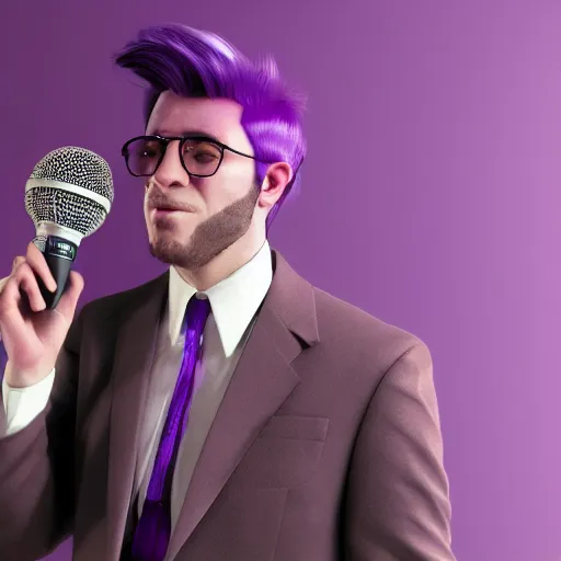 Prompt: a man in a purple suit with purple hair singing into a microphone, realistic, 8 k, extremely detailed, cgi, trending on artstation, hyper - realistic render, 4 k hd wallpaper, premium prints available, octane render, award winning, by greg rutkowski