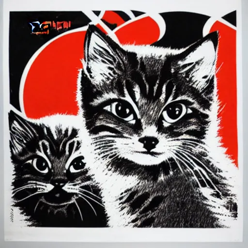 Image similar to silk screen poster of angry kittens in style of frank kozic