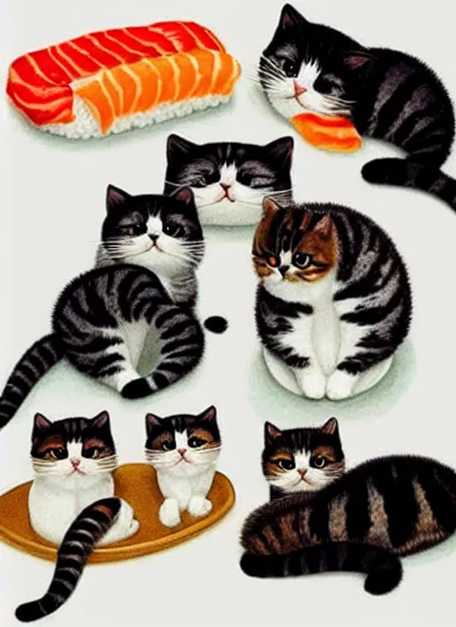 Image similar to clear photorealistic picture of adorable cats made out of sushi