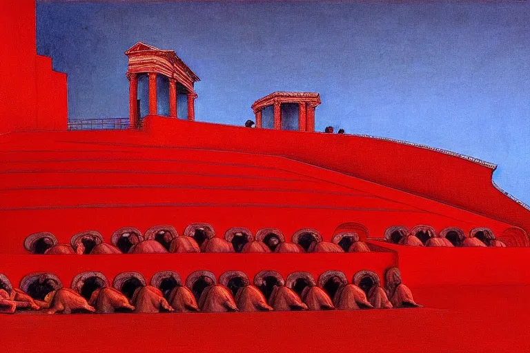 Image similar to only with red, a red great emperor, taormina amphitheatre, crowd with big smile, in the style of beksinski, parts by edward hopper, parts by rodcenko, parts by yue minjun, intricate and epic composition, red by caravaggio, insanely quality, highly detailed, masterpiece, red light, artstation, 4 k