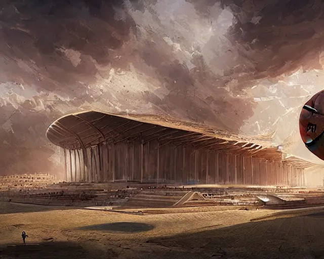 Image similar to an olimpic soccer stadium in the style of ancient egypt, art by greg rutkowski and artgerma, stunning concept art, interior design architecture