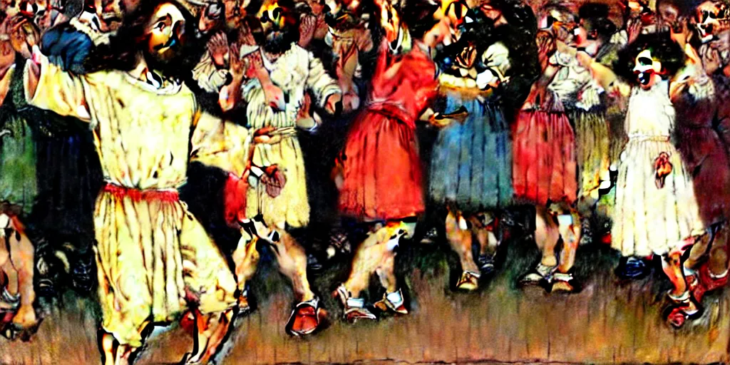 Image similar to mascot versions of jesus dancing at a disco, by norman rockwell