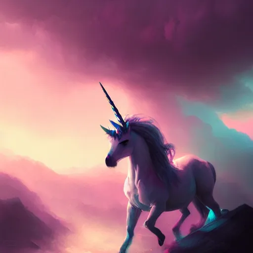 Image similar to Unicorn made of rainbow cotton candy, eerie, emotion, scenery, oil painting, Tooth Wu, Greg Rutkowski, RPG, dynamic lighting, fantasy art, high contrast, depth of field, landscape, scenery