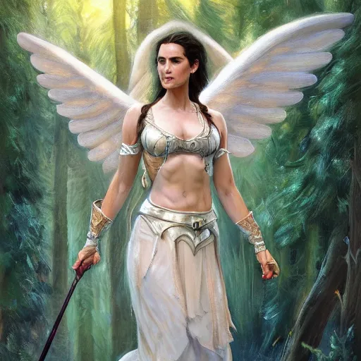 Image similar to A beautiful detailed painting of jennifer connelly as a female angel warrior in a magical forest by john sargent and Kalin Popov , Trending on artstation HD.