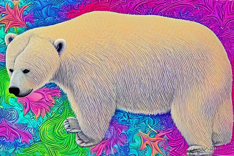 Image similar to a relaxed polar bear looking to the sky by lisa frank, alex grey, flooko, acrylic, digital art, painting,