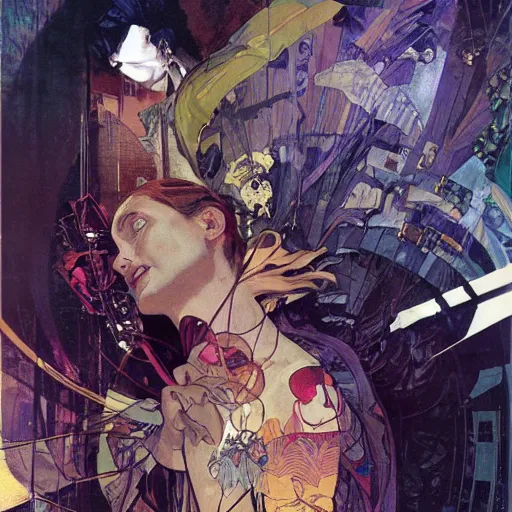 Prompt: cyberpunk dreaming by dave mckean and alphonse mucha and bill sienkiewicz