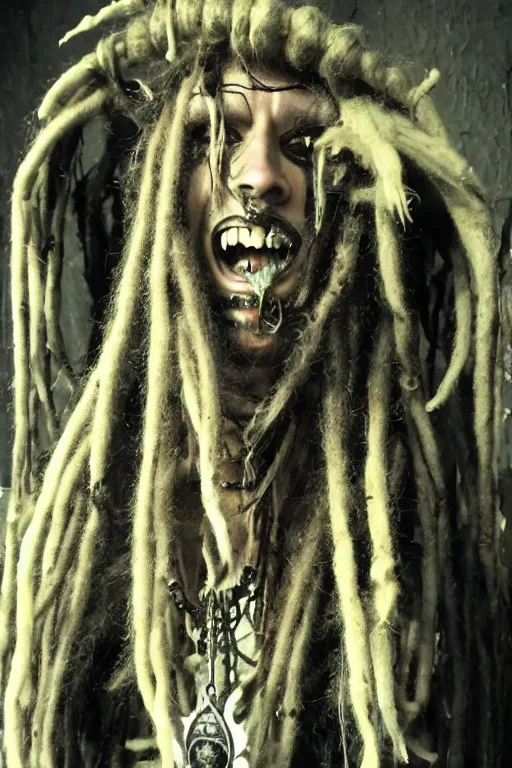 Image similar to a horror shaman with dreadlocks in sacrament of death and destruction