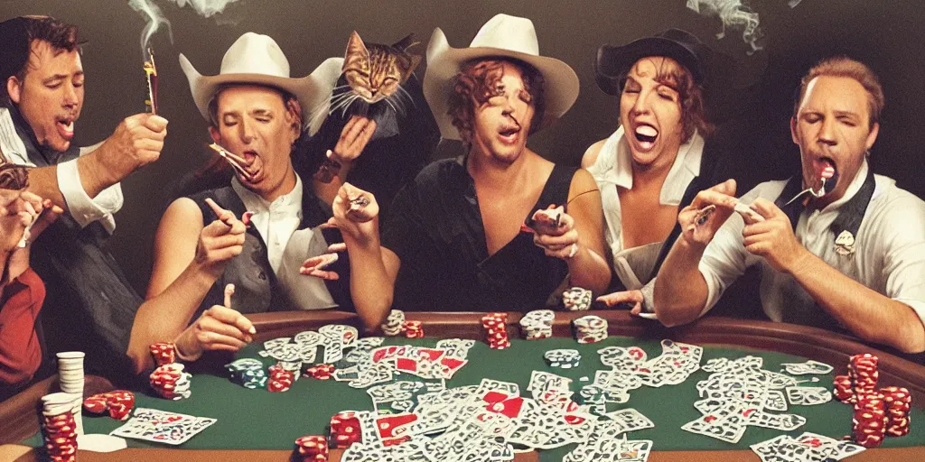 Prompt: five cats playing Texas holdem poker, smoking cigarettes and singing