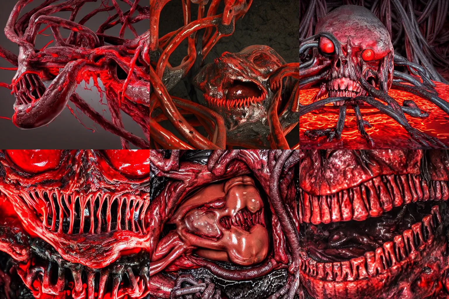 Prompt: a dark red gory structure of intertwined decaying muscles, mouths full of sharp teeth monstrously molten together, numerous glowing eyes, and intestines lying in a pool of clotting blood and pus, slowly engulfing its surroundings with twitching veins and bloody intestines, dark hazy room, high-quality sculpture, hyperrealistic, in color