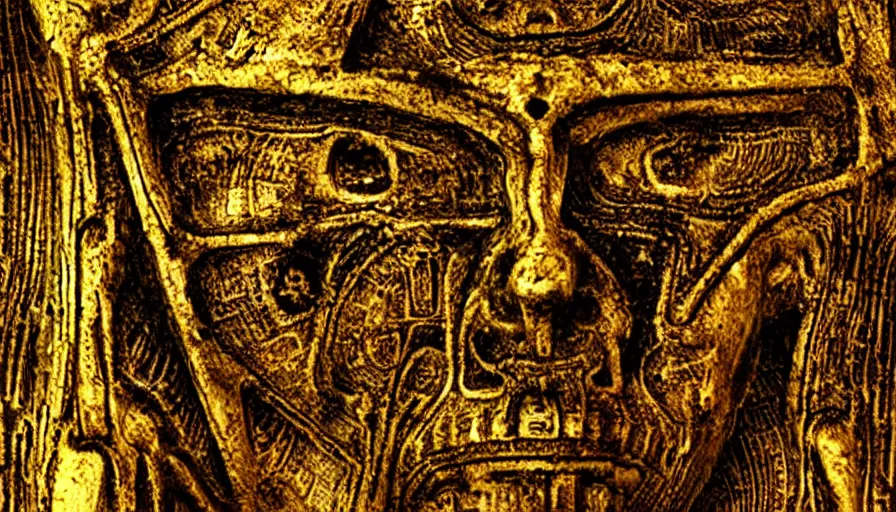 Image similar to h. r. giger hieroglyphs, sorrow intense likely, gold plated, sense of decay given, throw into the abyssal despair, various refining techniques, micro macro auto focus, top photography photo art gallery, realistic photo, insane detail