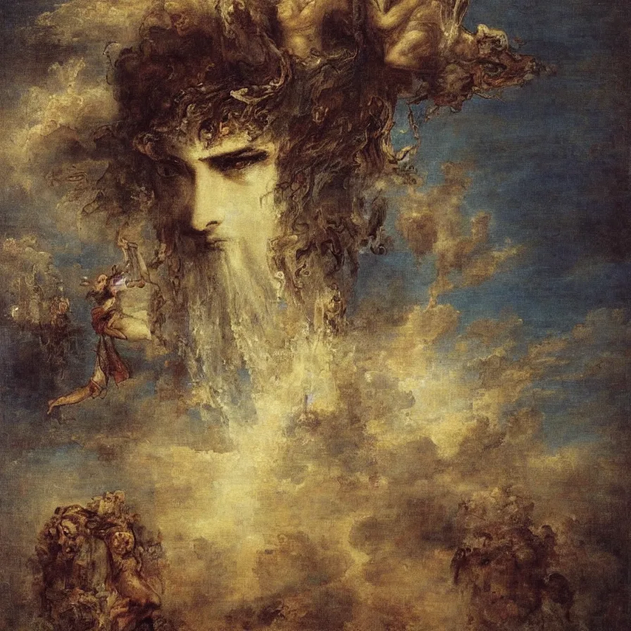 Prompt: a man with a stormy cloud in the place of his head. artwork by gustave moreau