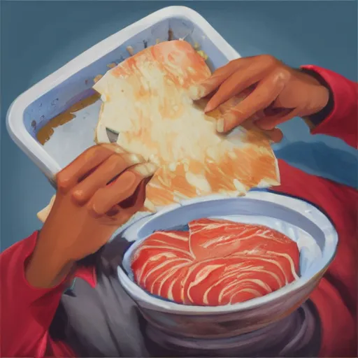 Image similar to album art of a man eating tuna, artstation