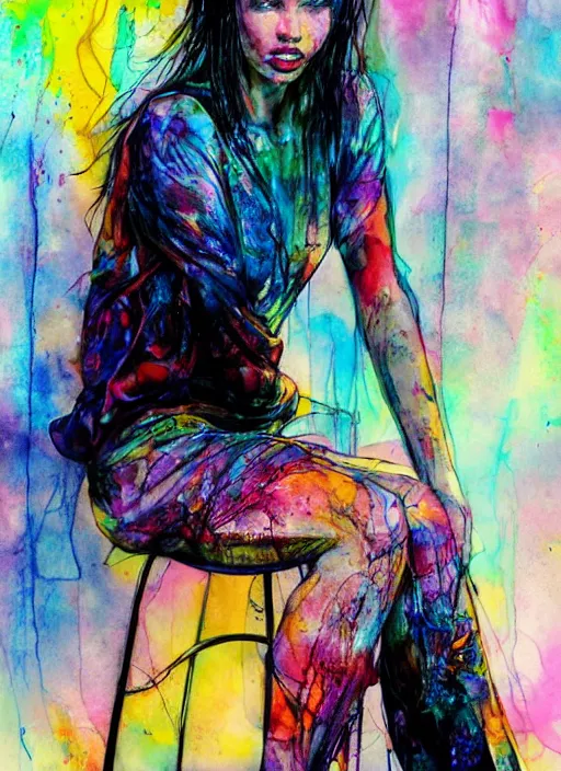 Image similar to adriana lima by agnes cecile and enki bilal, sitting on a stool, bent over posture, full body portrait, extremely luminous bright design, pastel colours, drips, autumn lights