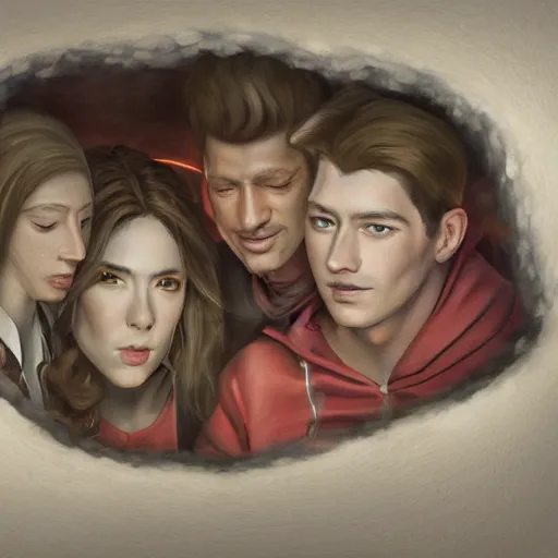 Image similar to a realistic painting of three male and one female characters emerging from inside a book, trending on artstation, detailed digital art