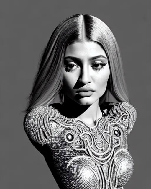 Image similar to bw 3 d render of a beautiful young kylie jenner female queen - cyborg - vegetal, intricate fractal ornament in the bust with a very long neck, elegant, highly detailed intricate rococo ornament in her silver long hair, realistic, refined, highly detailed, cinematic outdoor lighting, by flora borsi in the style of dora maar, volumetric lighting, hyper realistic photography