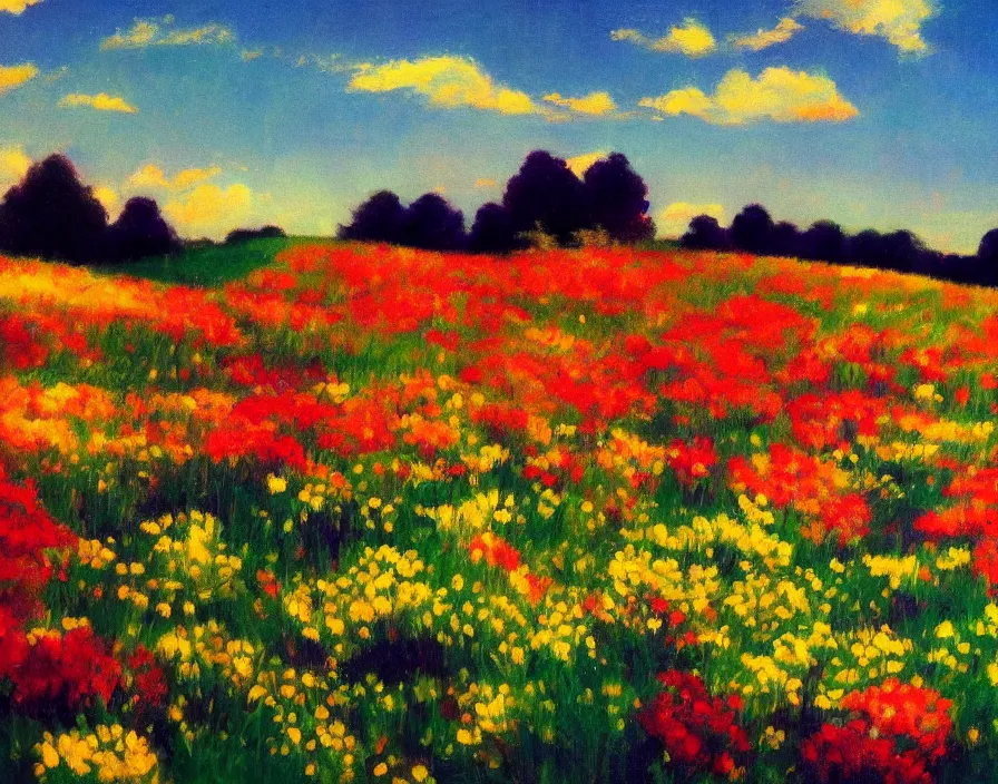 Image similar to a beautiful meadow full of colorful flowers, the sky is the galaxy, very aesthetic, detailed, cinematic lighting, in the style of edward hopper,