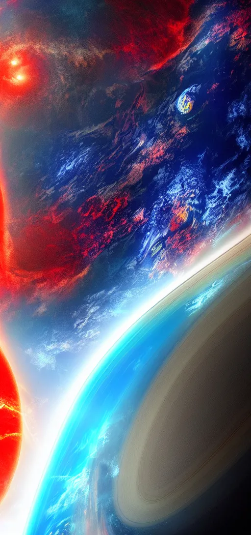 Image similar to earth shocking with saturn, red and blue, dragons, darkness, 8 k