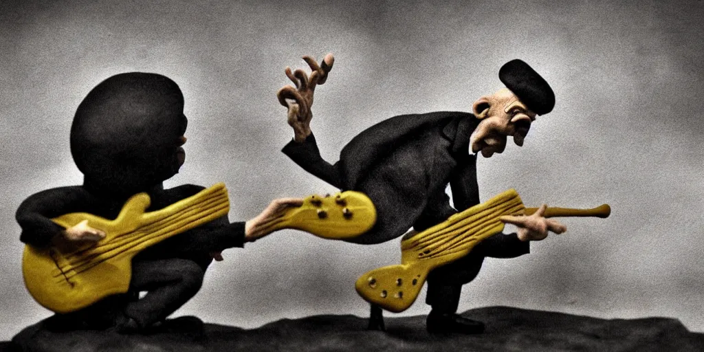 Image similar to a old man playing guitar, surrealistic detailed claymation art, moody, foggy