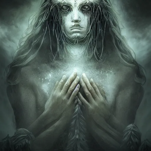 Image similar to awakening of an ancient deity, foreboding, horror, creepy, digital art, high quality, high resolution