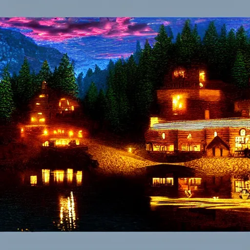 Image similar to a lamplit village on the coast of a lake, deep underground digital art