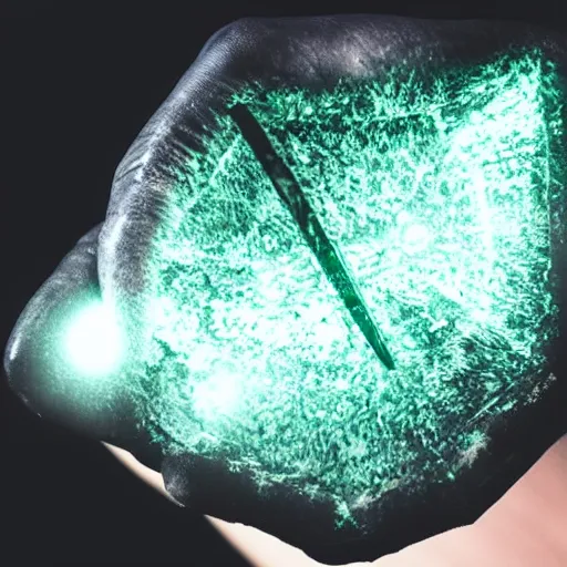 Prompt: a glowing shard of kryptonite held in an open black - gloved hand, pitch black background