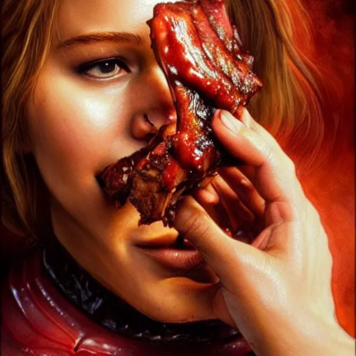 Prompt: Microscopic Life Science Photo Jennifer Lawrence eating a rack of ribs dripping bbq sauce, closeup, D&D, fantasy, intricate, elegant, highly detailed, digital painting, artstation, concept art, matte, sharp focus, illustration, art by Artgerm and Greg Rutkowski and Alphonse Mucha