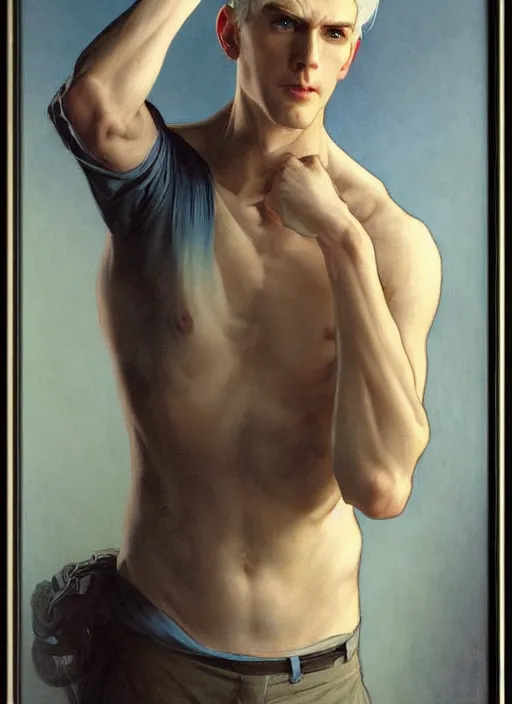 Image similar to a painting of a slender, clean shaven 35 year old man with blue eyes and white hair. He has a sharp nose and a witty, smug expression. by Artgerm and Greg Rutkowski and Alphonse Mucha, dramatic studio lighting