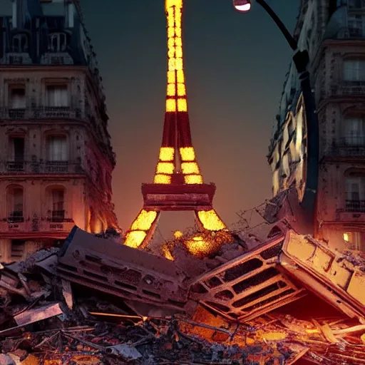 Prompt: A beautiful intricate 8K award-winning ground-level cinematic movie photograph of the future rusting rubble of the fallen and decimated Eiffel Tower, lying in pieces on the ground, surrounded by neon and collapsing corporate video billboard displays. in the year 2050, by Bruno Delbonnel and greg rutkowski. octane render, Arri Alexa 65. Cinematic lighting