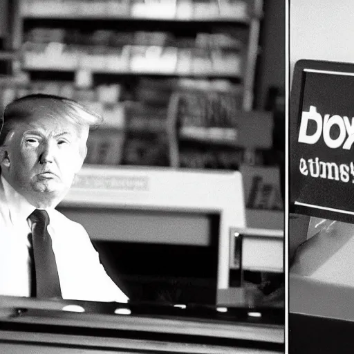 Image similar to Donald Trump working at Kmart in the 1980s, black and white photo,