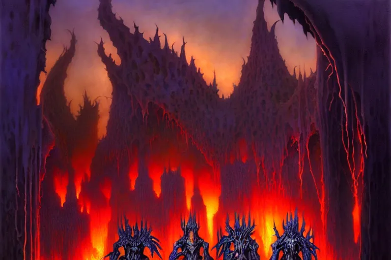 Image similar to darker shades of forgotten misery and despair by michael whelan and roger dean and brom and hubert robert and greg staples and donato giancola, beautiful, mythical, scaled robes, highly detailed, hyperrealistic, intricate, energy, orange electricity, blue flame, low light, purple crystals, high contrast, lifelike
