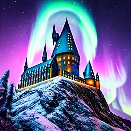 Image similar to “Hogwarts School of Witchcraft and Wizardry with the norther lights in the background. 4k, 8k, unreal 5, very detailed, hyper control-realism,.”