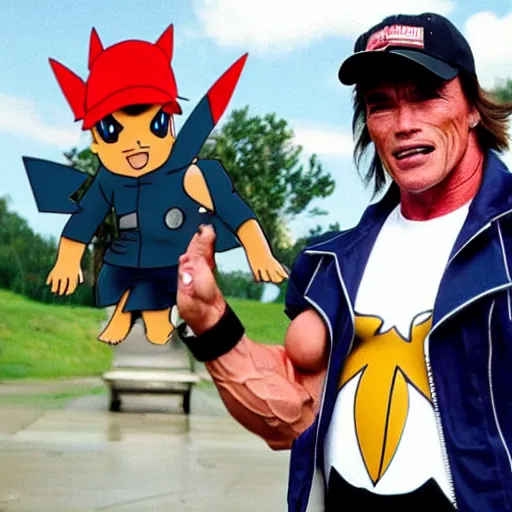 Image similar to Arnold Schwarzenegger dressed up as Ash Ketchum, sceme from the film Pokemon Terminator Trainer