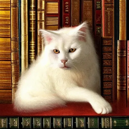 Prompt: fantasy white fluffy cat sitting in library, gold brocaded dark blue clothes, books, reddish brown engraved shelves, sharp focus, intricate, extremely detailed, cinematic lighting, smooth, ultra realistic illustration, high fantasy, elegant, artgerm, greg rutkowski, alphonse mucha magali villeneuve