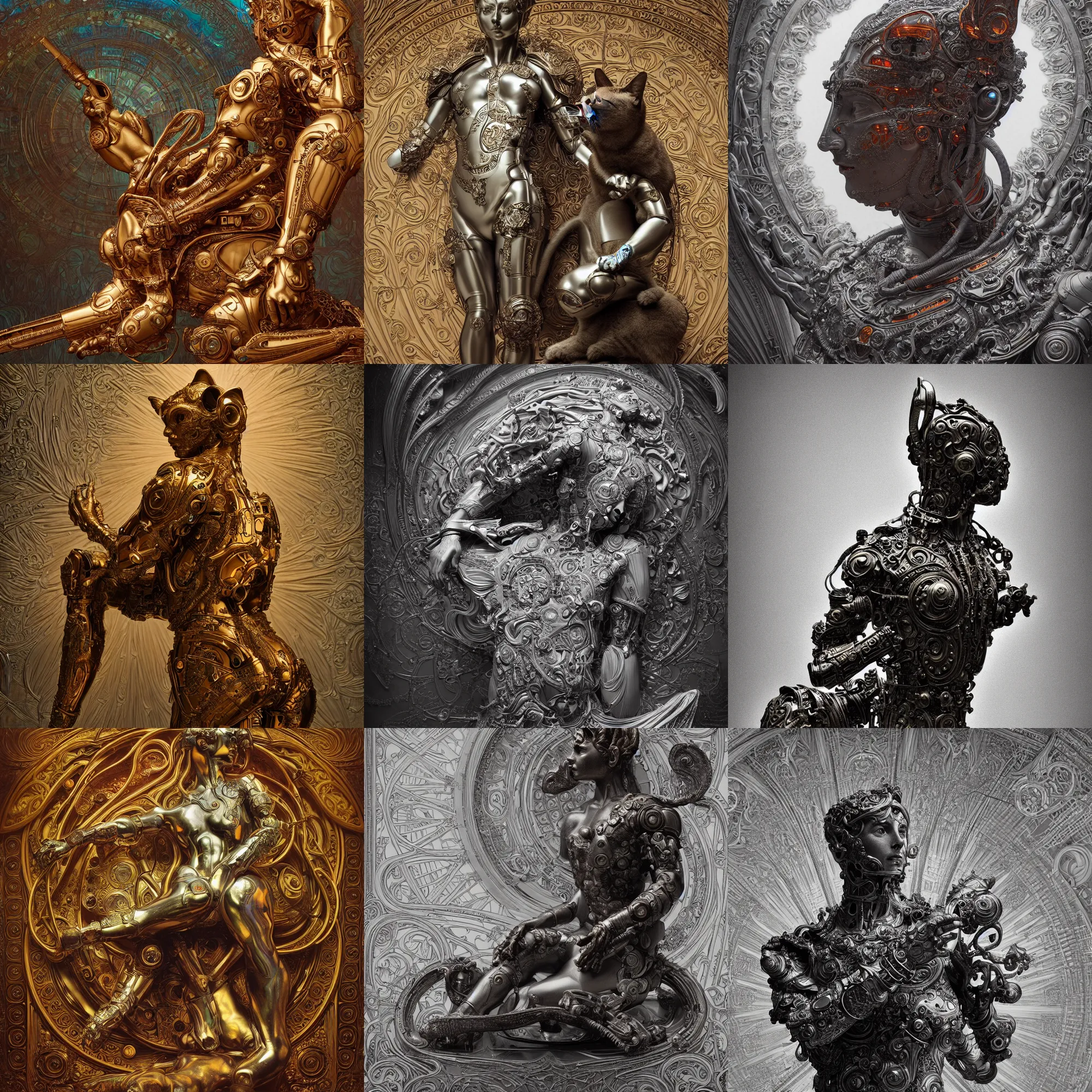 Prompt: vibrant sculpture of beautiful cyborg roman god cat's ears, meditation position by laurie greasley gustave dore ron english alphonse mucha, cybernetics, low contrast, cinematic dramatic lighting, hyper realistic detailed intricate render, hypermaximalist, ornate, epic composition, 4 k 8 k, cryengine octane blender, sharp focus, concept art, masterpiece