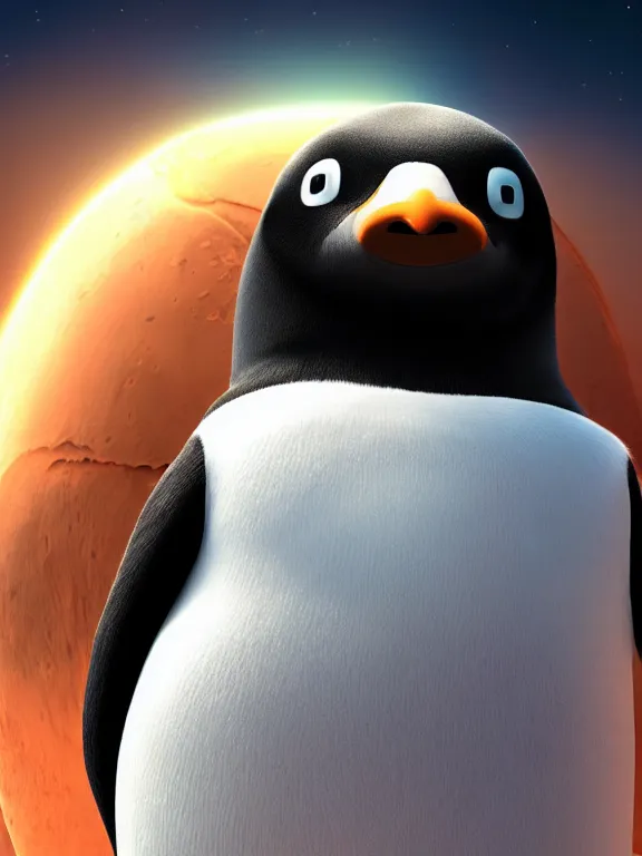 Prompt: portrait art of Pingu on mars, 8k, ultra realistic , lens flare, atmosphere, glow, detailed, intricate, full of colour, cinematic lighting, trending on artstation, 4k, hyperrealistic, focused, extreme details, unreal engine 5, cinematic, masterpiece