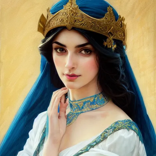 Image similar to ameera al taweel, bright blue eyes, long wavy black hair, white veil, front , highly detailed, digital painting, artstation, concept art, smooth, sharp focus, illustration, ArtStation, art by artgerm and greg rutkowski and alphonse mucha and J. C. Leyendecker and Edmund Blair Leighton