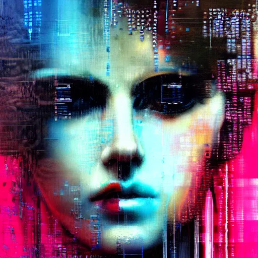 Image similar to hyperrealistic portrait of a cyberpunk woman, digital ui, by Guy Denning, Johannes Itten, Russ Mills, glitch art, hacking effects, glitch effects, digitial tech effects, cybernetics, chromatic, color blocking!, oil on canvas, concept art, abstract