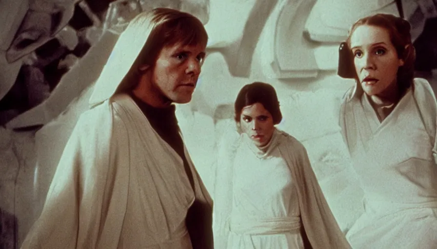 Image similar to screenshot portrait of Luke Skywalker and Princess Leia, facing off against an incredibly haunting female sith lord in white, on a sith planet of purple magic maelstrom, iconic scene from the 1970s sci fi thriller film by Stanley Kubrick, HR Geiger, stunning cinematography, hyper-detailed, sharp, anamorphic lenses, kodak color stock, 4k, stunning