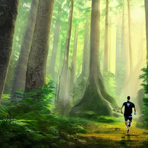 Prompt: sporty guy in acid-green sneakers, runs alone through a forest of giants with trees reaching into space, fantasy artwork, very beautiful scenery, hd, hdr, ue5, ue6, unreal engine 5, cinematic 4k wallpaper, 8k, ultra detailed, high resolution, artstation, award winning,