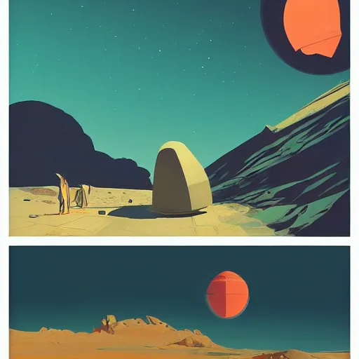 Image similar to martian architecture by moebius, by atey ghailan, by james gurney, by vermeer, by george stubbs, trending on artstation, vector art, soviet poster design