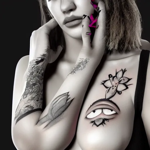 Prompt: Hot young woman, grey skin, void eyeballs, tattoos, hugging someone to her chest concept art, 8k