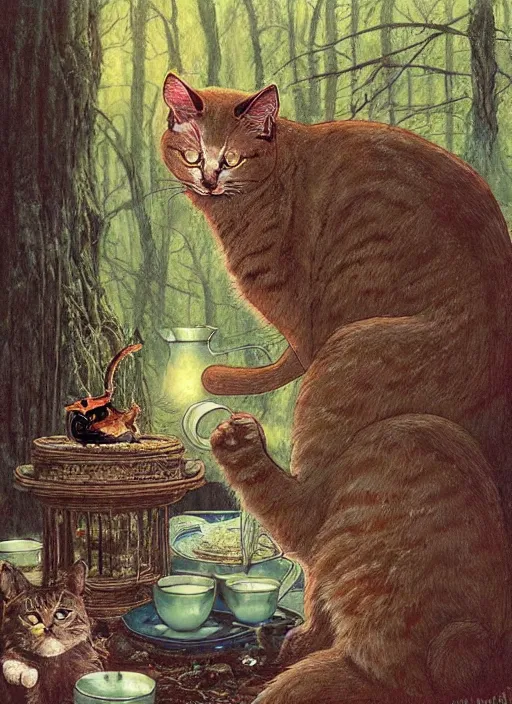 Image similar to cat having tea at a shrine in the woods gorgeous lighting, lush forest foliage a hyper realistic painting by chiara bautista and beksinski and norman rockwell and greg rutkowski weta studio, and lucasfilm