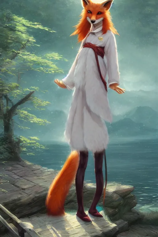 Prompt: an anthropomorphic fox girl wearing a japanese school outfit, fluffy tail, two pointed ears, beautiful lake background, illustration by greg rutkowski, thomas kindkade, loish, artstation, furaffinity, deviantart