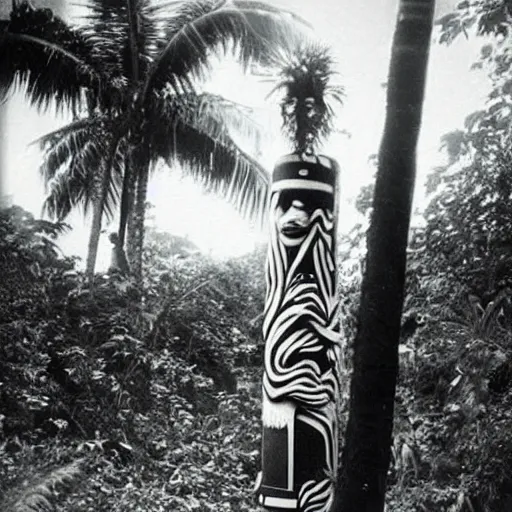 Image similar to lost film footage of a sacred surrealist totem in the middle of the tropical jungle / film still / cinematic / enhanced / 1 9 2 0 s / black and white / grain