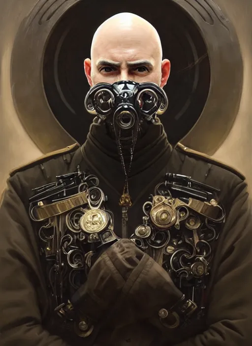 Image similar to portrait of supreme leader with cybernetic mask, bald, royalty, extravagant, lord, full body, military uniform, fantasy, intricate, elegant, beautiful, highly detailed, charcoal, centered, dark, smokey, digital painting, artstation, concept art, art by artgerm and greg rutkowski and alphonse mucha