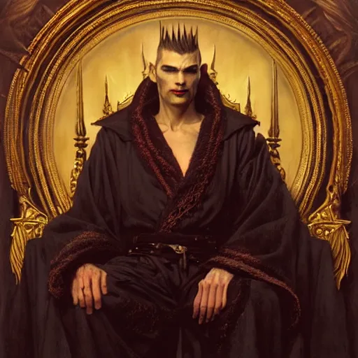 Image similar to perfectly centered portrait of attractive vampire king in a robe sitting on a throne of bones, highly detailed painting by gaston bussiere, craig mullins, j. c. leyendecker, 8 k