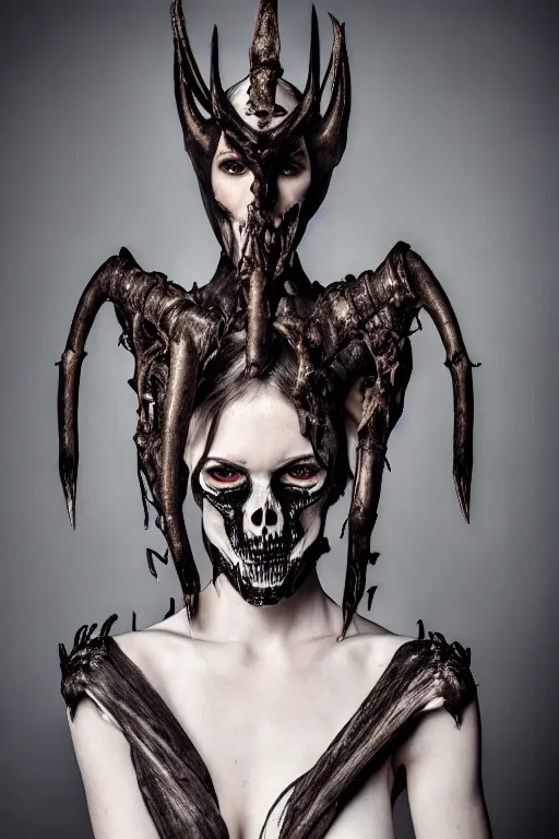 Prompt: a beautifull demon model, wearing organic bone armor, luxury materials, symmetrical, cinematic, elegant, professional studio light, real dlsr photography, sharp focus, 4 k, ultra hd, sense of awe, high fashion